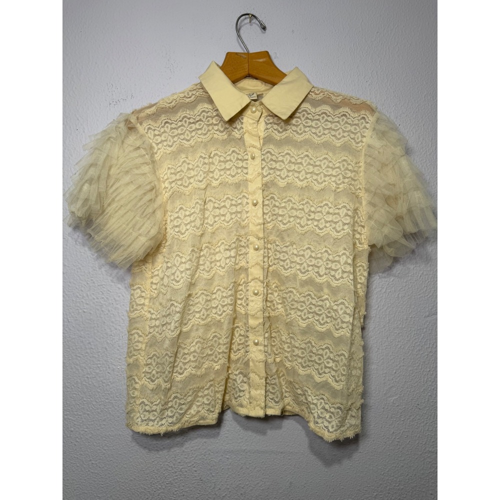Grace & Emma Lace Top Women Medium Cream Yellow Tulle Ruffle‎ Sleeve Coquette